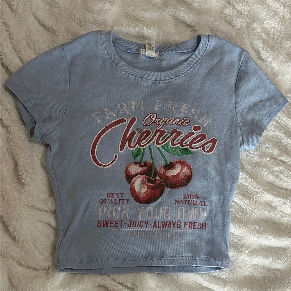 Tillys Baby Blue Organic Cherries cropped T-Shirt